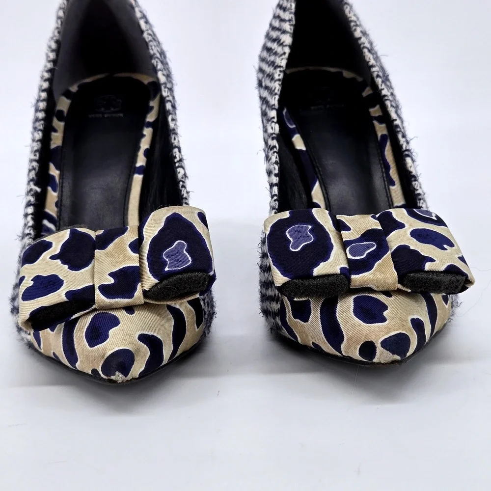 Tory Burch Cleo Tweed Leopard Silk Bow Pointed Toe Stiletto Pumps Heels 7M 3.5